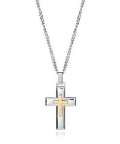 Collar de hombre Magnum de acero con cruz de acero pulido en Ip dorado Ref: 75321C01012