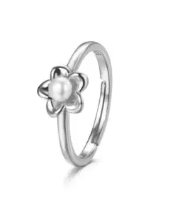Anillo de plata rodiado flor de 8 mm con perla ajustable Ref : 9125550