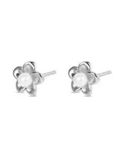 Pendiente de plata rodiado flor de 8 mm con perla cierre presión Ref : 9125528 comunion
