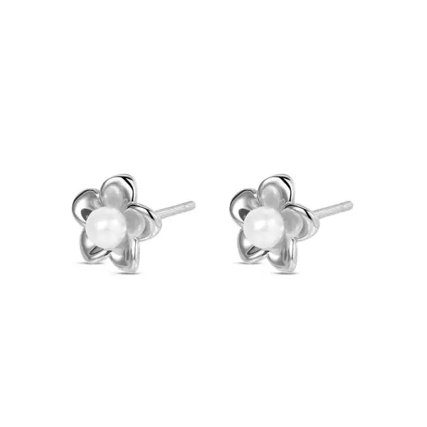 Pendiente de plata rodiado flor de 8 mm con perla cierre presión Ref : 9125528 comunion