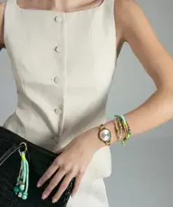 Llavero de mujer en acero Ip dorado con cuerda náutica verde y blanco y piedras verdes ref 14364l01016 - Imagen 2