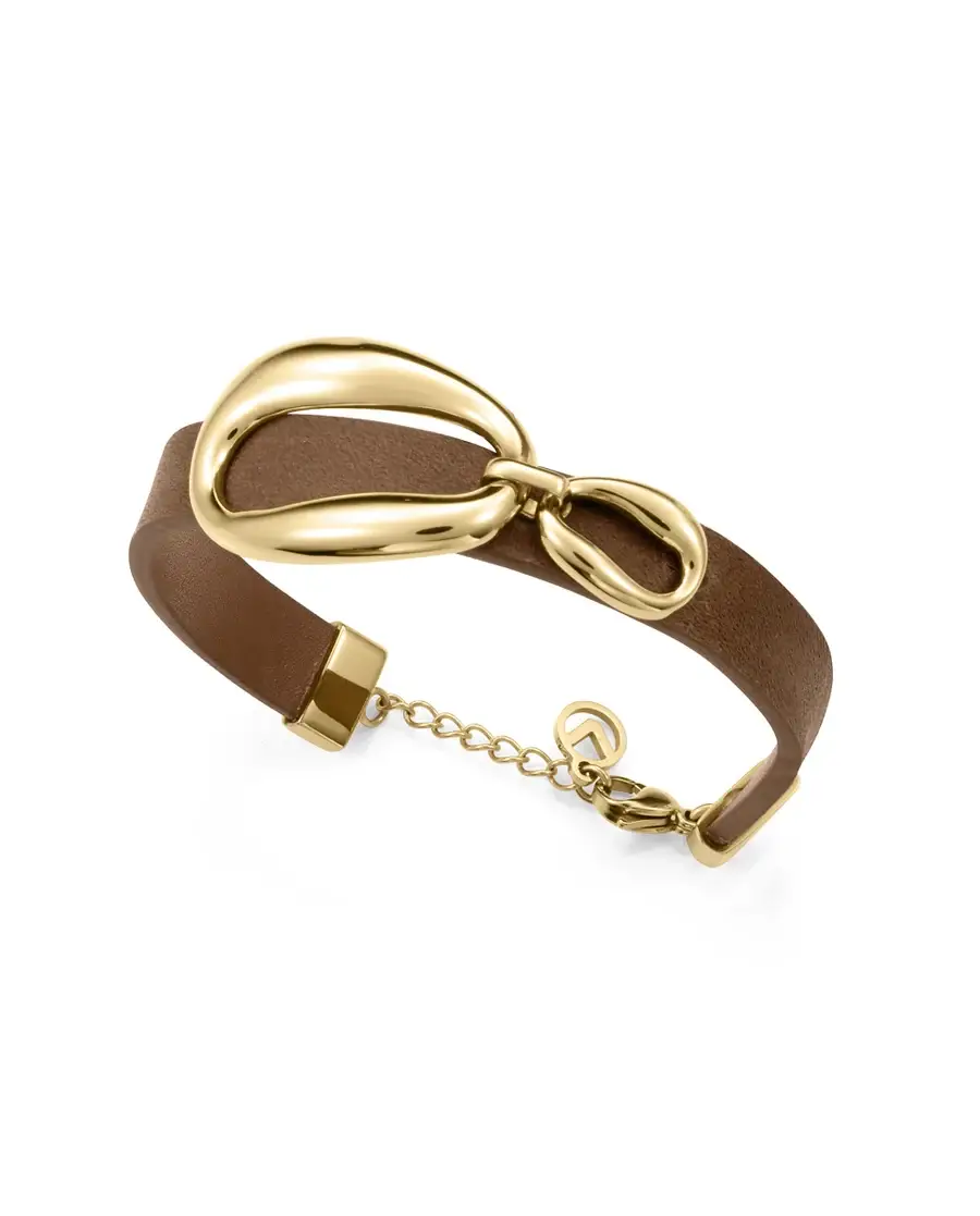 Pulsera de mujer en acero IP dorado y piel marrón ref 15205p01011