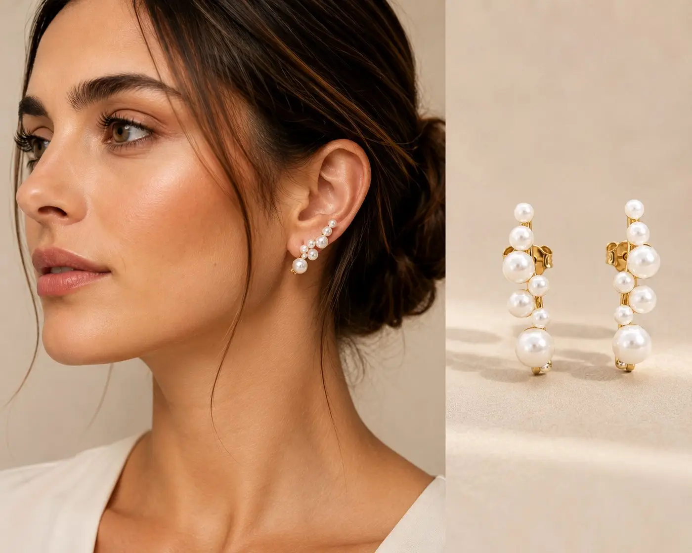 Pendientes Trepadores de Plata Dorada con Racimo de Perlas COLECCION SYNGULARIS - Imagen 2